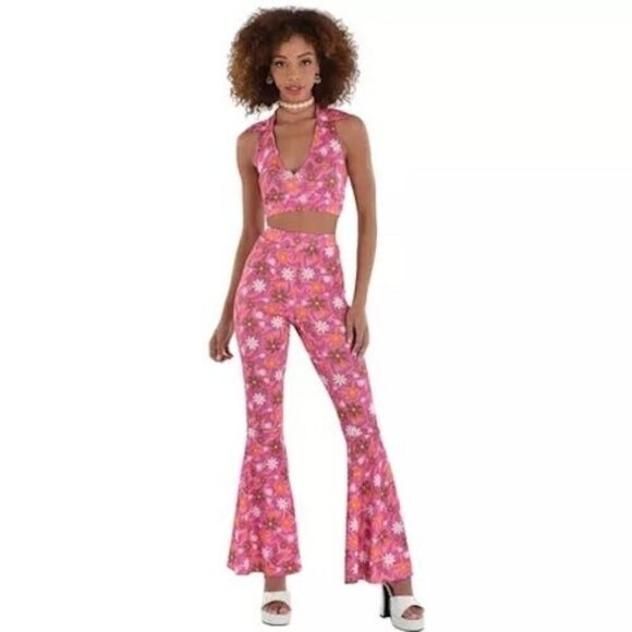 60's Costume Kit Pink Floral Halter Top & Bell Bottom Pants Adult Size L/XL - Picture 1 of 5